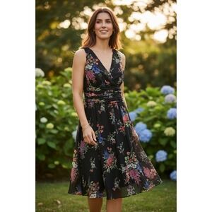 VTG DJ Summers‎ Womens Dress 12 Black Floral Ruched Chiffon Dark Fairy Romantic